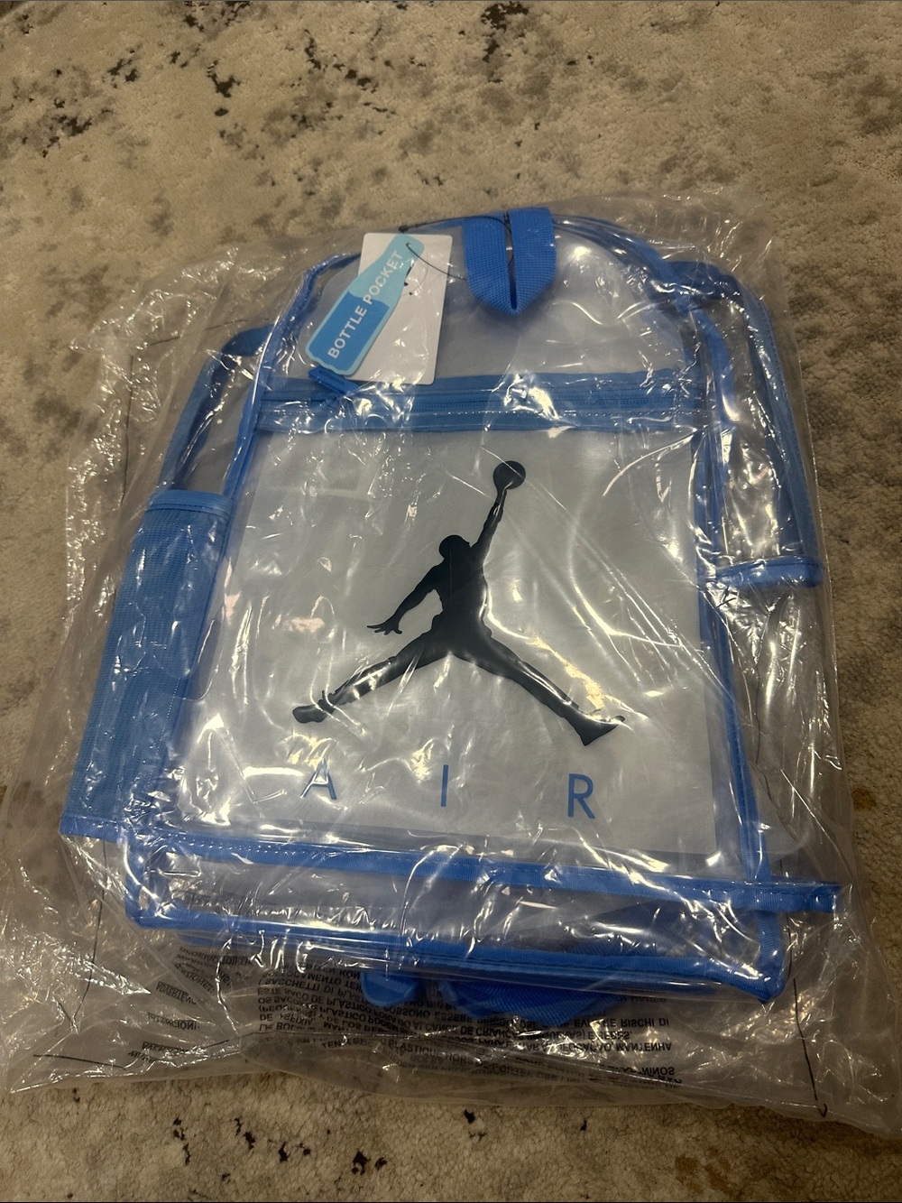 Jordan Clear Backpack with Blue Trim and Black Jumpman